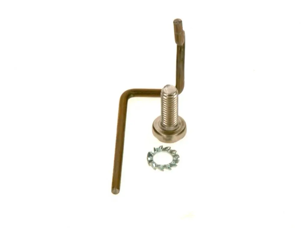 Masseelektrode von Bosch, bestehend aus einem gebogenen Metallstück, einer Schraube und einer Unterlegscheibe, auf weißem Hintergrund.